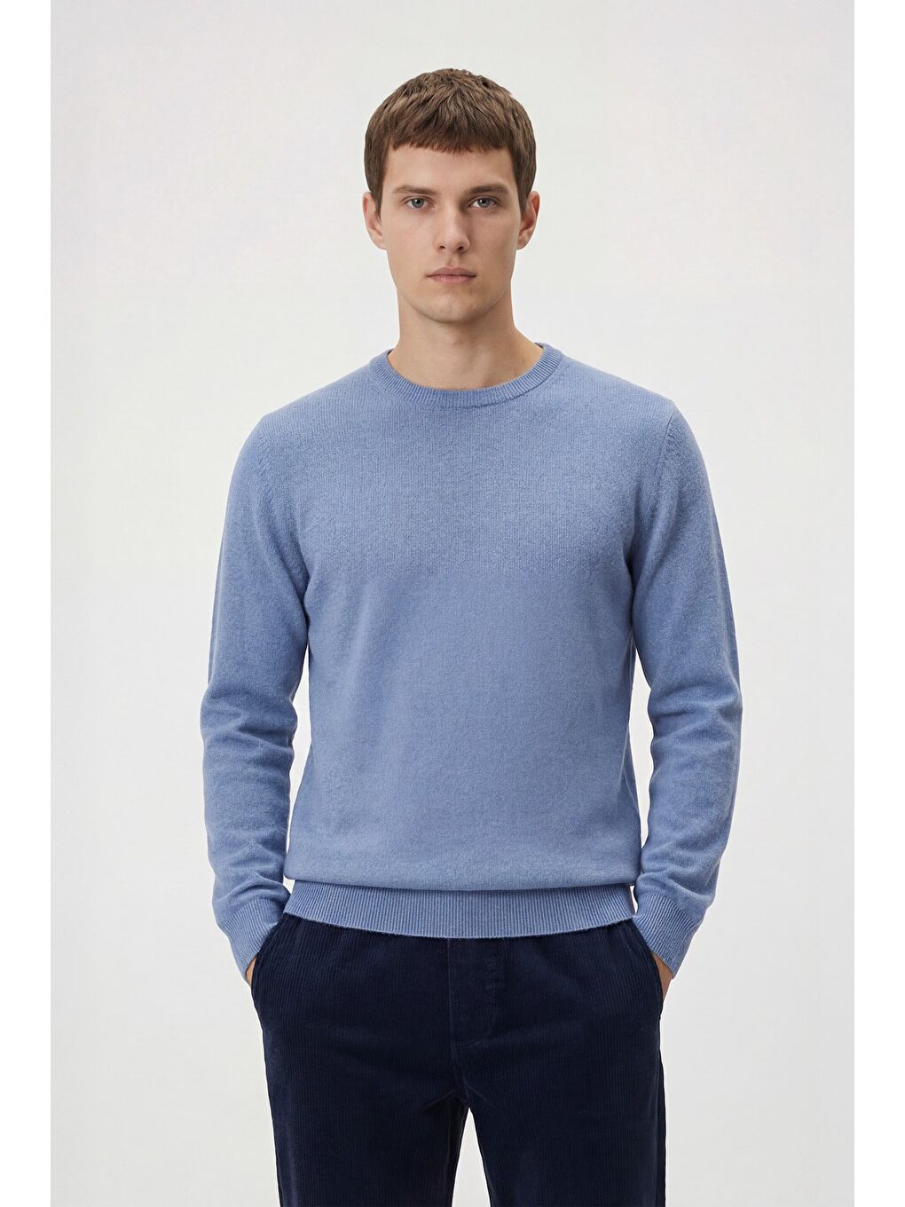 Açık Mavi Standart Fit Yün Karışımlı Bisiklet Yaka Düz Erkek Triko Kazak