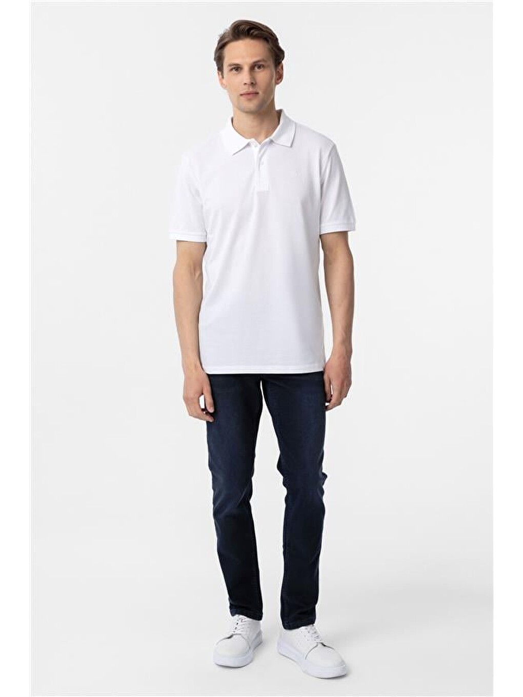 Beyaz Regular Düz Polo Yaka Tişört-5