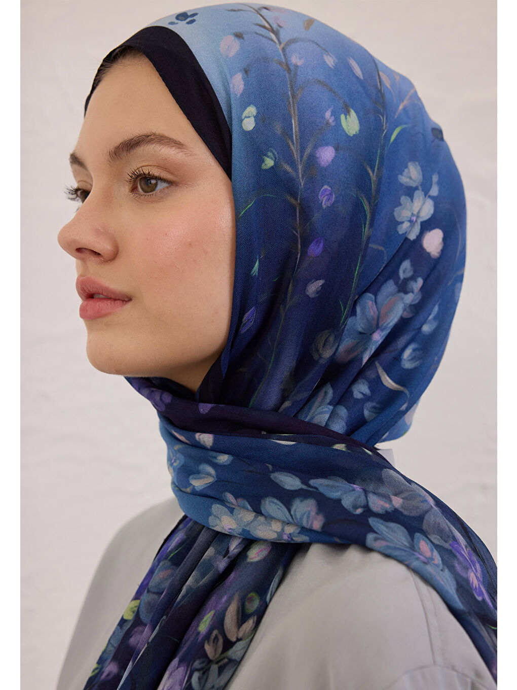 Wısterıa Desen Rami Şal Lacivert-1