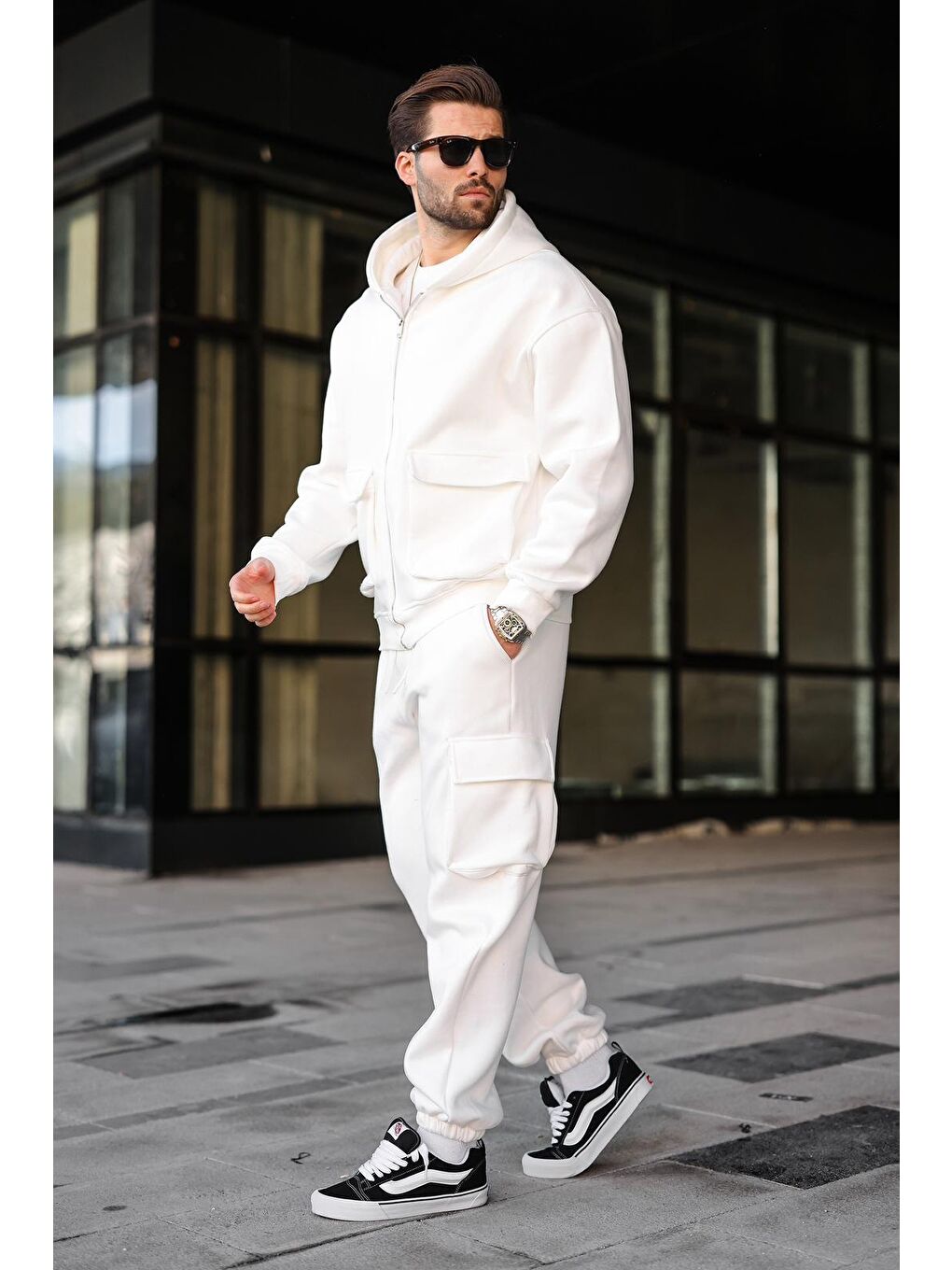 Ekru Kapüşonlu Kargo Cepli Erkek Eşofman Takımı E7342-4