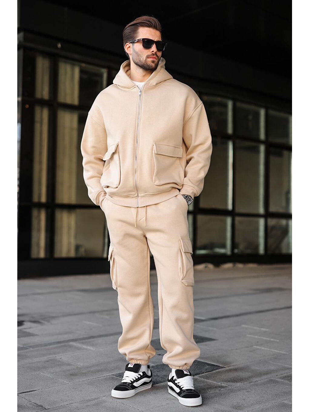 Bej Kapüşonlu Kargo Cepli Erkek Eşofman Takımı E7342-1