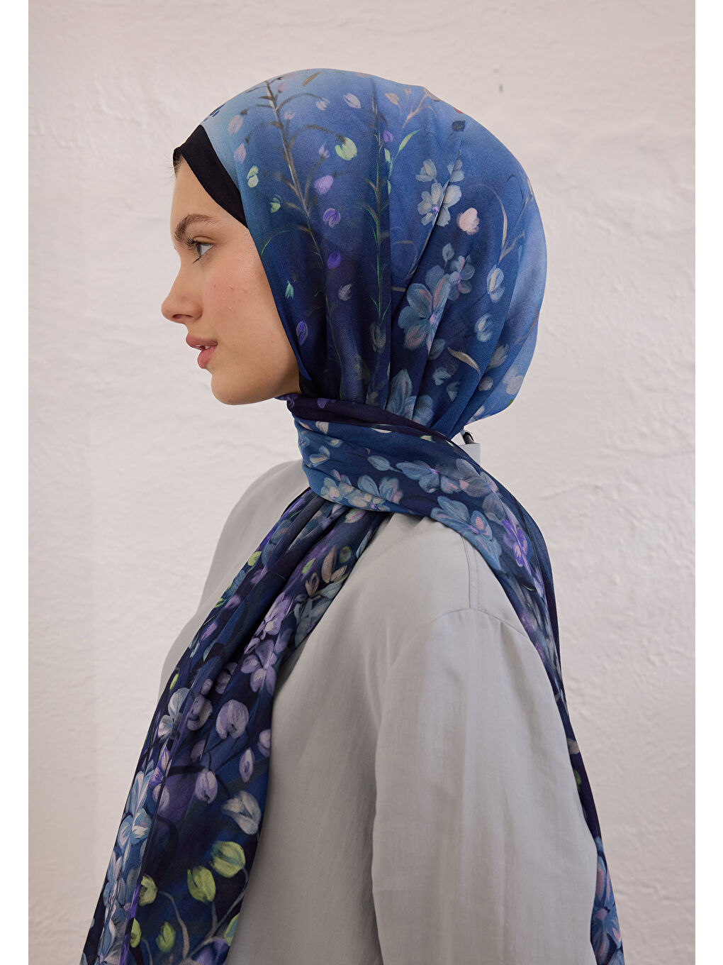 Wısterıa Desen Rami Şal Lacivert-2