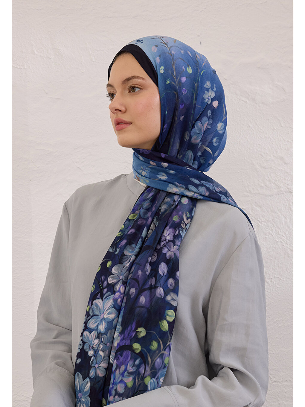 Wısterıa Desen Rami Şal Lacivert-3