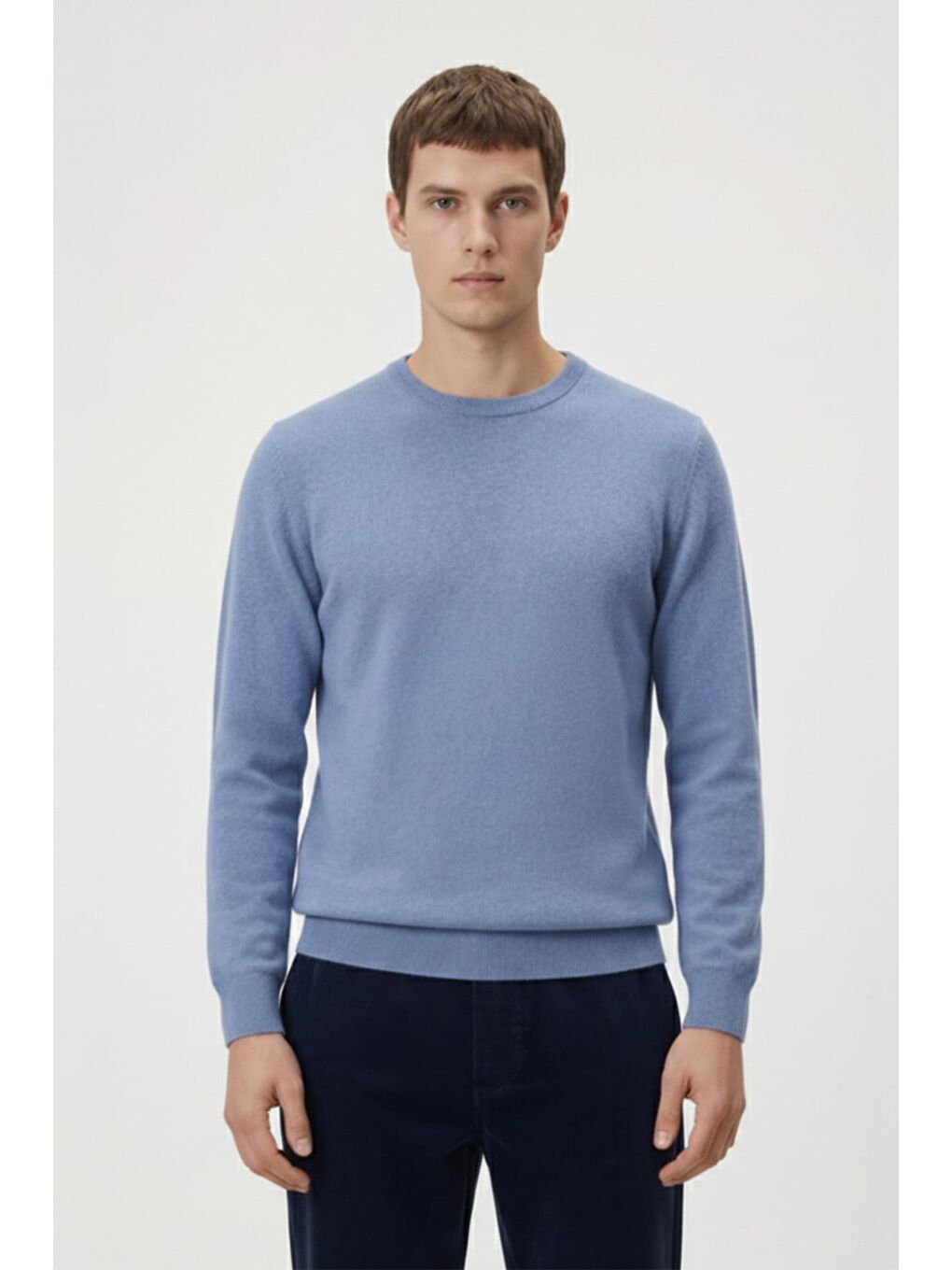 Açık Mavi Standart Fit Yün Karışımlı Bisiklet Yaka Düz Erkek Triko Kazak-1