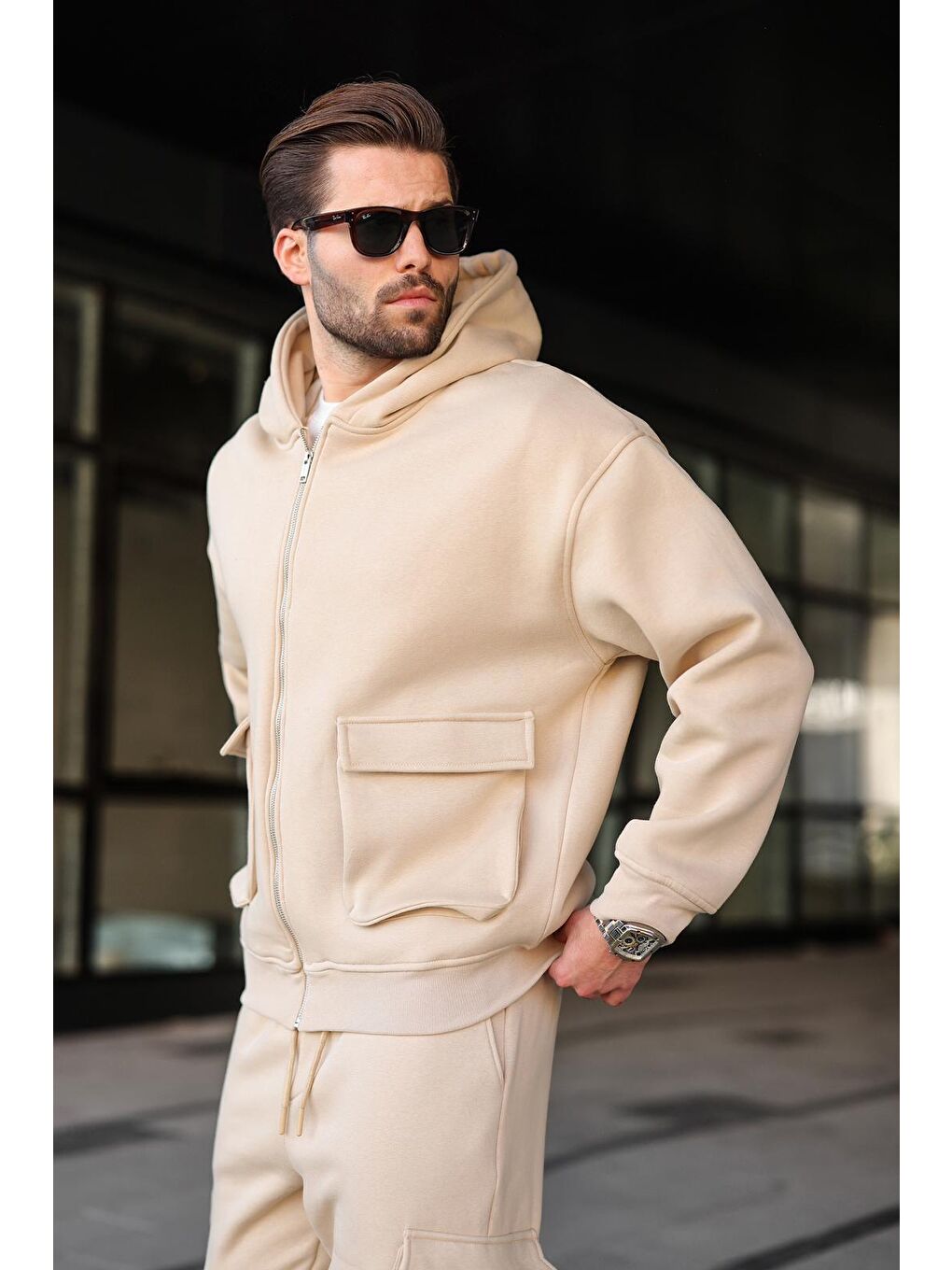 Bej Kapüşonlu Kargo Cepli Erkek Eşofman Takımı E7342-2