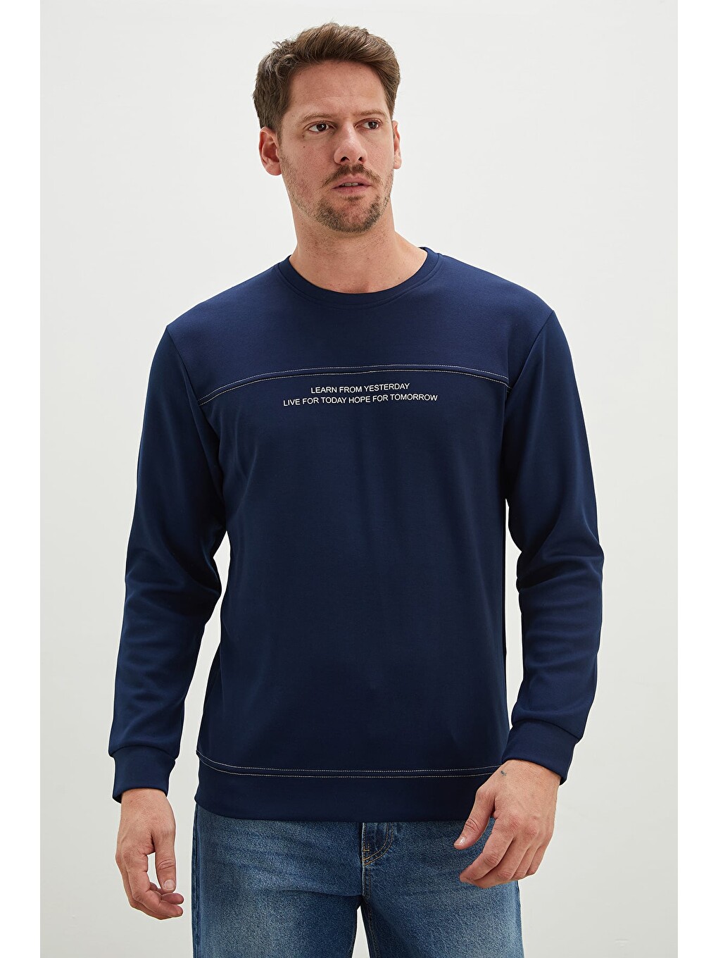 Lacivert Yazı Baskılı Çimalı Bisiklet Yaka Modal Sweatshirt-1