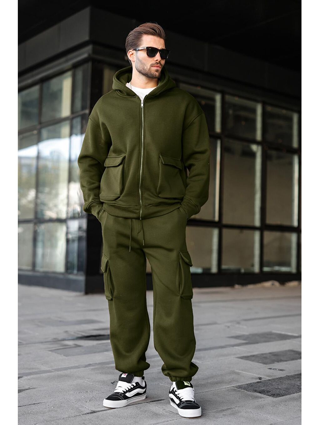 Haki Kapüşonlu Kargo Cepli Erkek Eşofman Takımı E7342