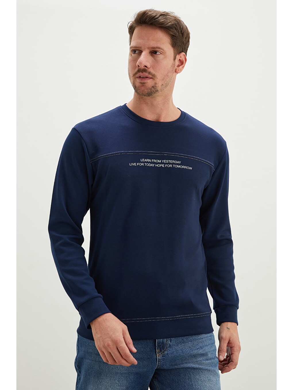 Lacivert Yazı Baskılı Çimalı Bisiklet Yaka Modal Sweatshirt-2