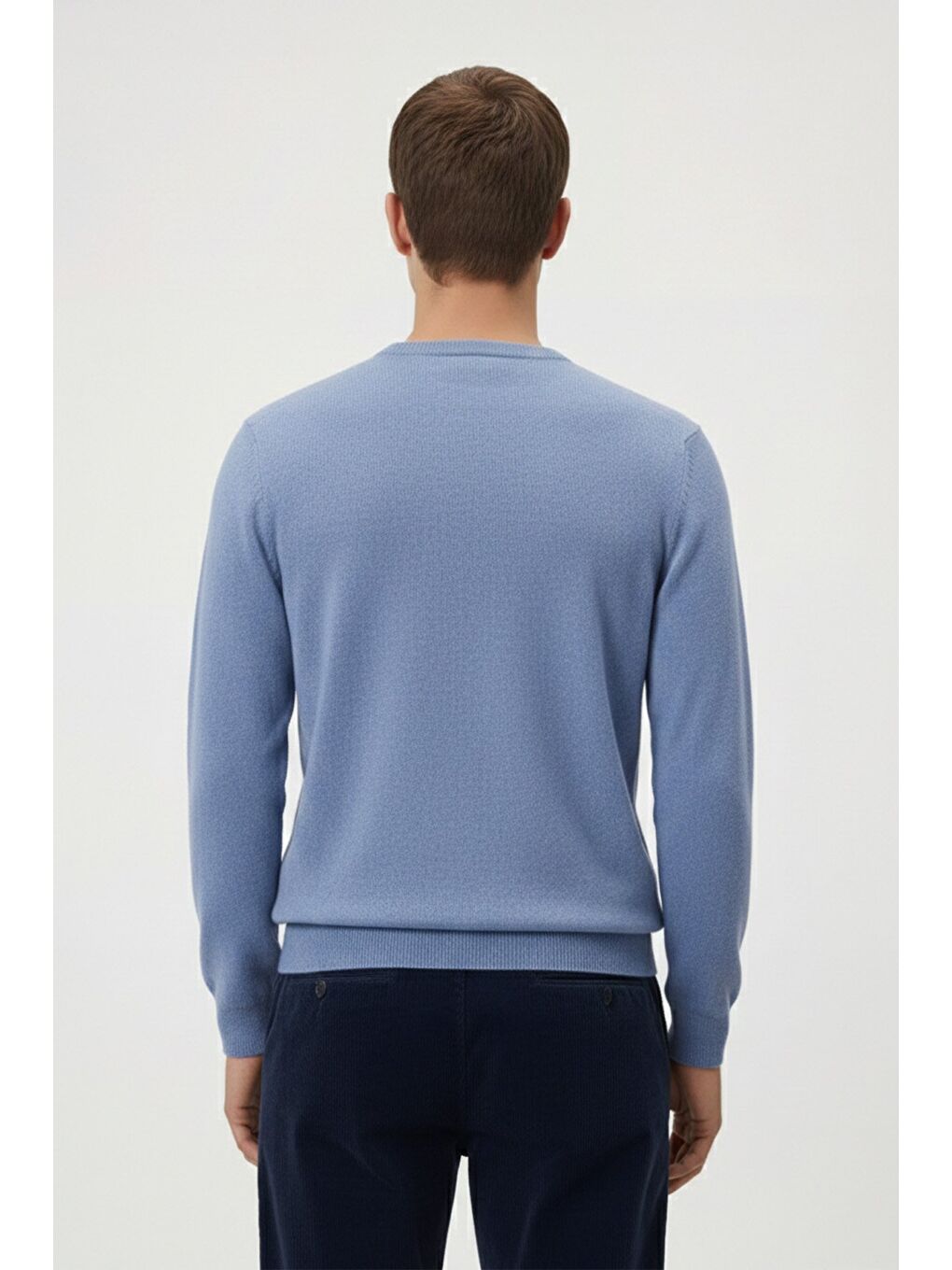 Açık Mavi Standart Fit Yün Karışımlı Bisiklet Yaka Düz Erkek Triko Kazak-3