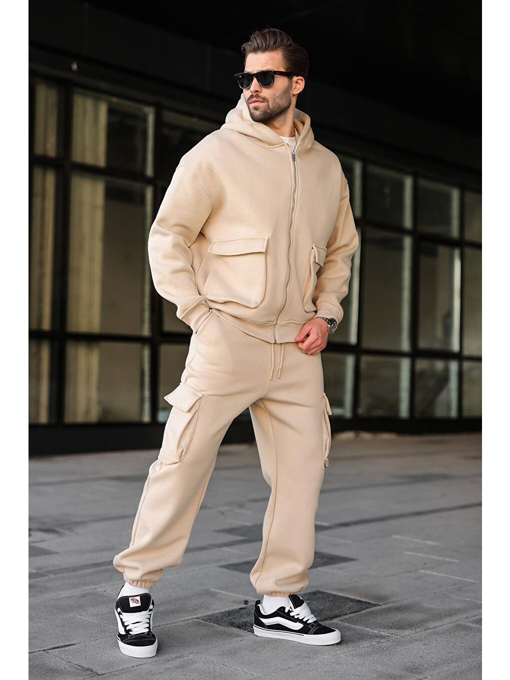 Bej Kapüşonlu Kargo Cepli Erkek Eşofman Takımı E7342-4