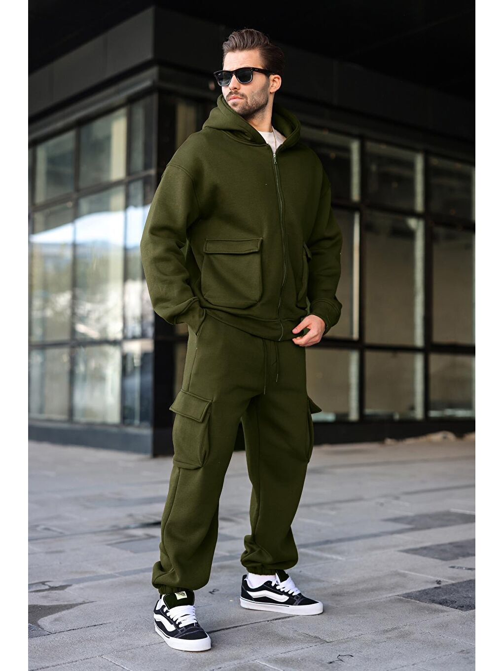 Haki Kapüşonlu Kargo Cepli Erkek Eşofman Takımı E7342-1
