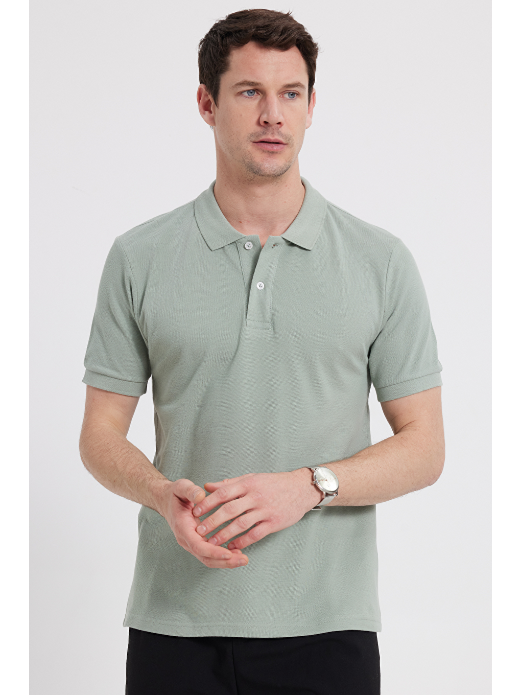 Erkek Slim Fit Dar Kesim %100 Pamuk Kısa Kollu Polo Yaka Yeşil Tişört