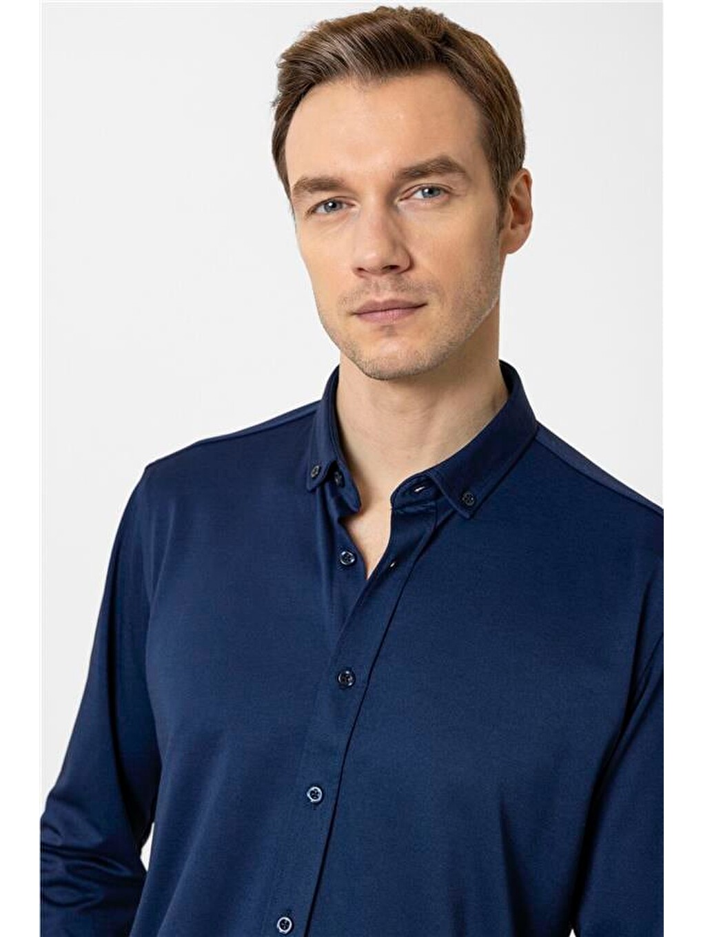 Lacivert Slim Armürlü Düğmeli Yaka Gömlek-2
