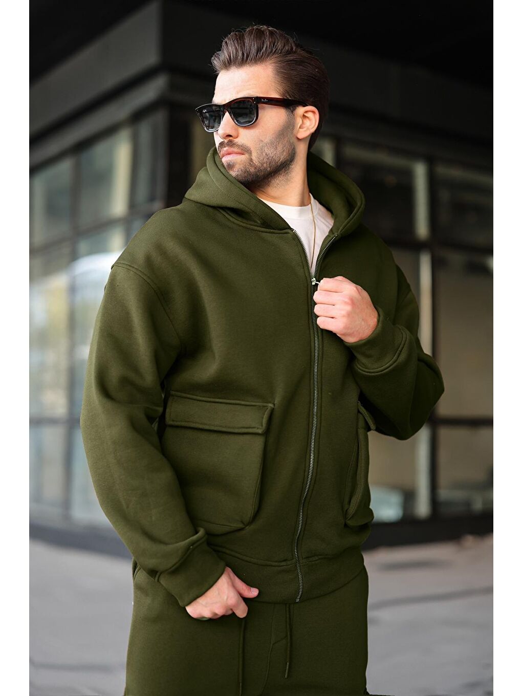 Haki Kapüşonlu Kargo Cepli Erkek Eşofman Takımı E7342-2