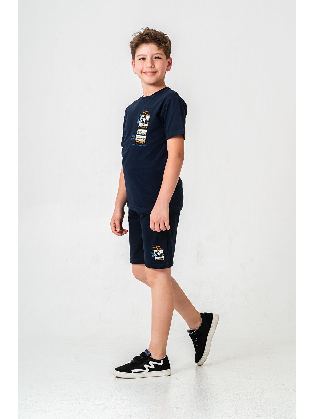 Lacivert Vacation Time Baskılı Bacak  Baskı Detaylı  Erkek Çocuk Şort - Tişört Takımı-2