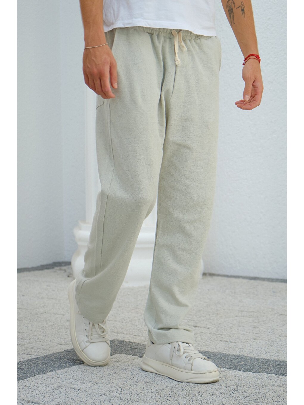 Bej Çağla Erkek Baggy Kalıp Eşofman Altı Bağcıklı Rahat Kesim Günlük Pantolon