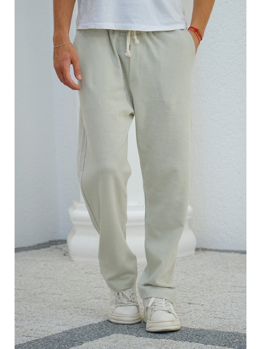 Bej Çağla Erkek Baggy Kalıp Eşofman Altı Bağcıklı Rahat Kesim Günlük Pantolon-1