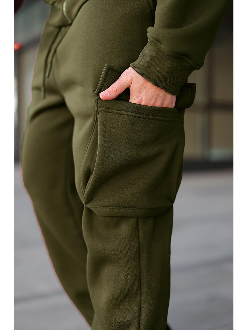 Haki Kapüşonlu Kargo Cepli Erkek Eşofman Takımı E7342-3