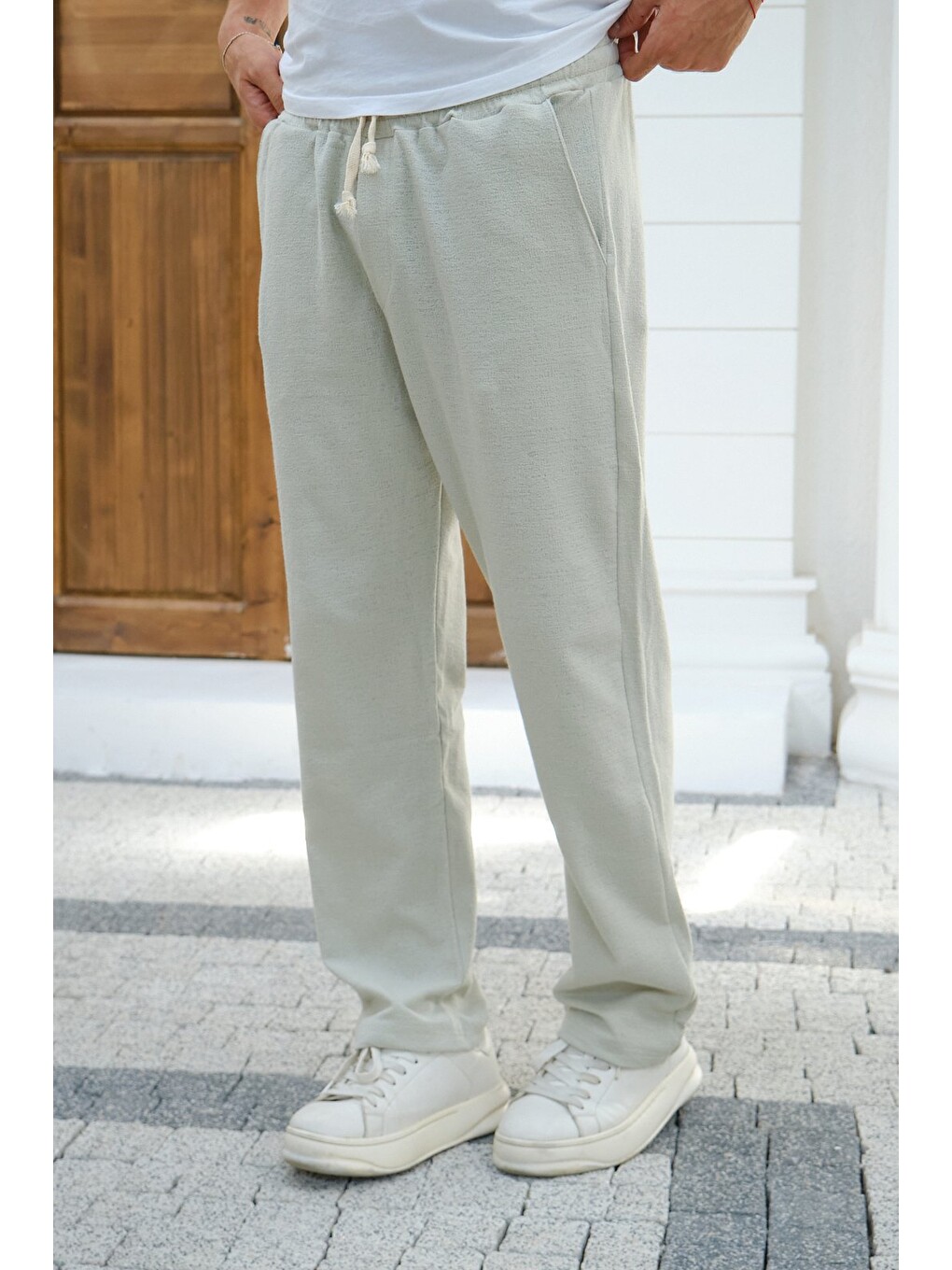 Bej Çağla Erkek Baggy Kalıp Eşofman Altı Bağcıklı Rahat Kesim Günlük Pantolon-2