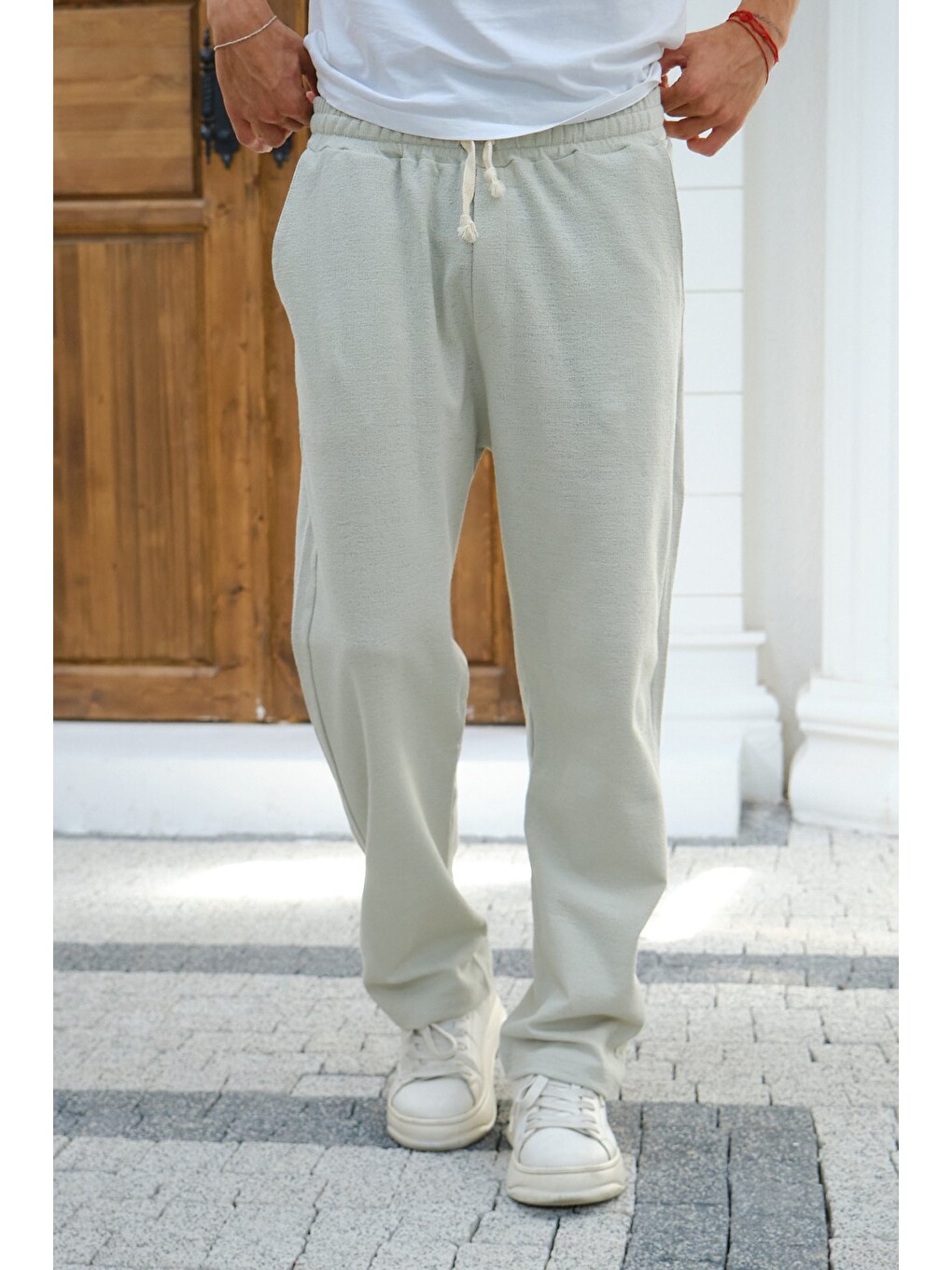 Bej Çağla Erkek Baggy Kalıp Eşofman Altı Bağcıklı Rahat Kesim Günlük Pantolon-3