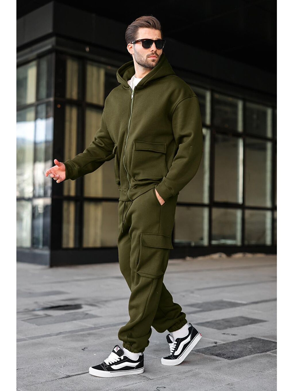 Haki Kapüşonlu Kargo Cepli Erkek Eşofman Takımı E7342-4