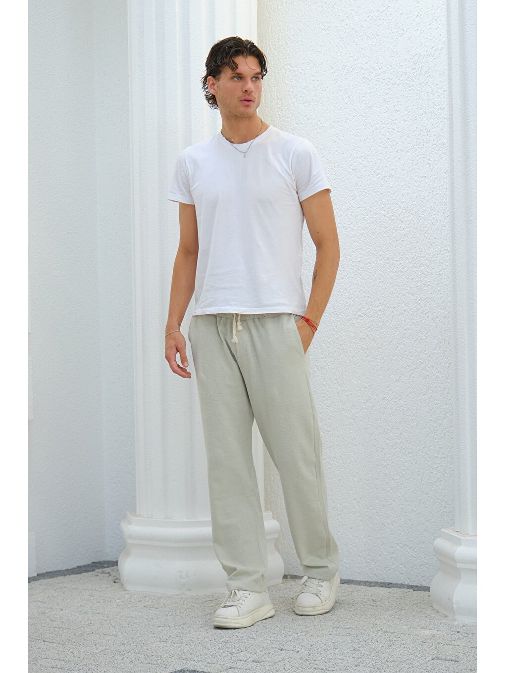 Bej Çağla Erkek Baggy Kalıp Eşofman Altı Bağcıklı Rahat Kesim Günlük Pantolon-4