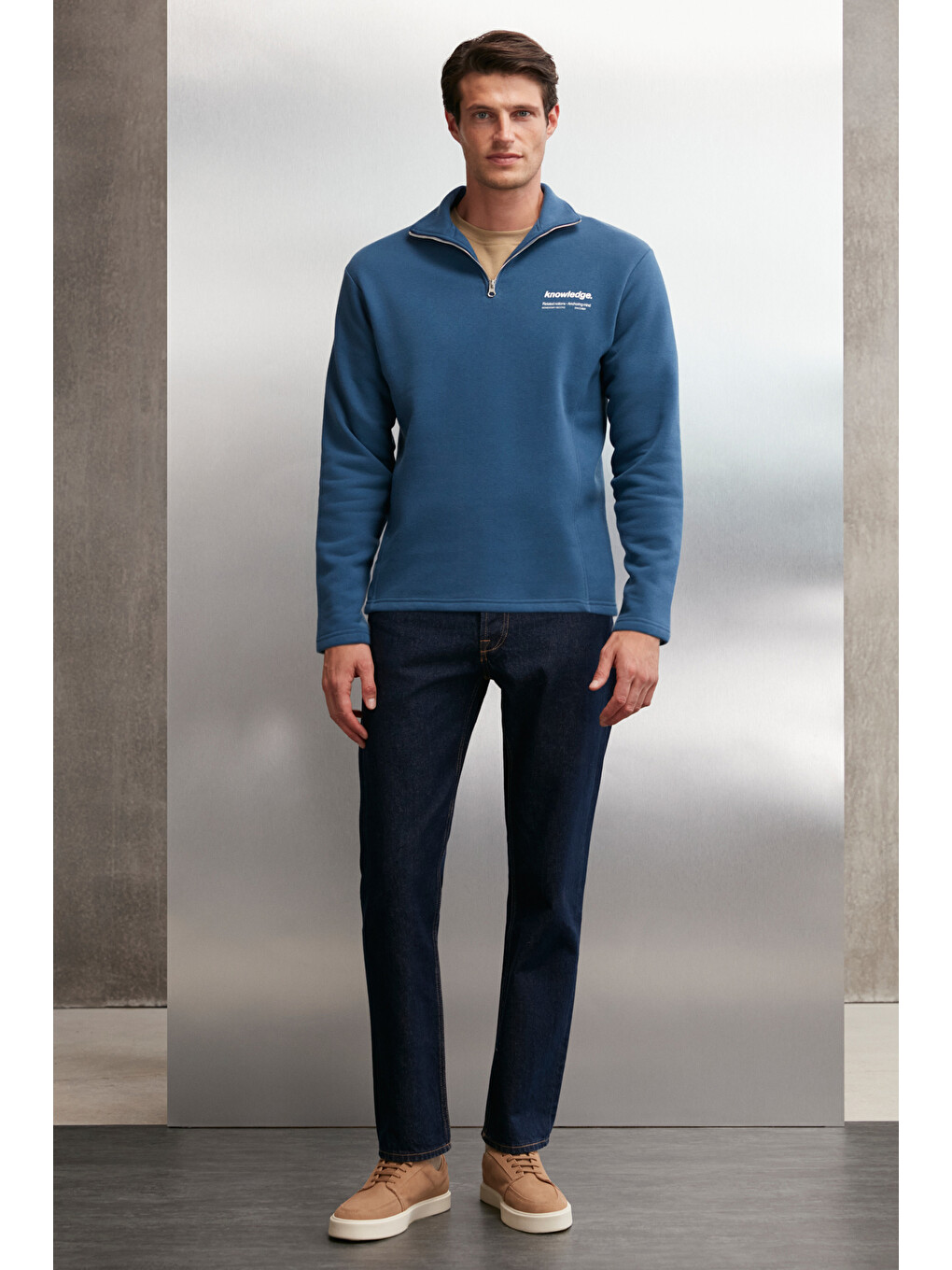 Halden Erkek İçi Polarlı Dik Yaka Yarım Fermuarlı Baskı Detaylı Regular Mavi Sweatshirt-1