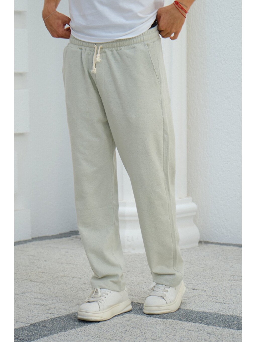 Bej Çağla Erkek Baggy Kalıp Eşofman Altı Bağcıklı Rahat Kesim Günlük Pantolon-5