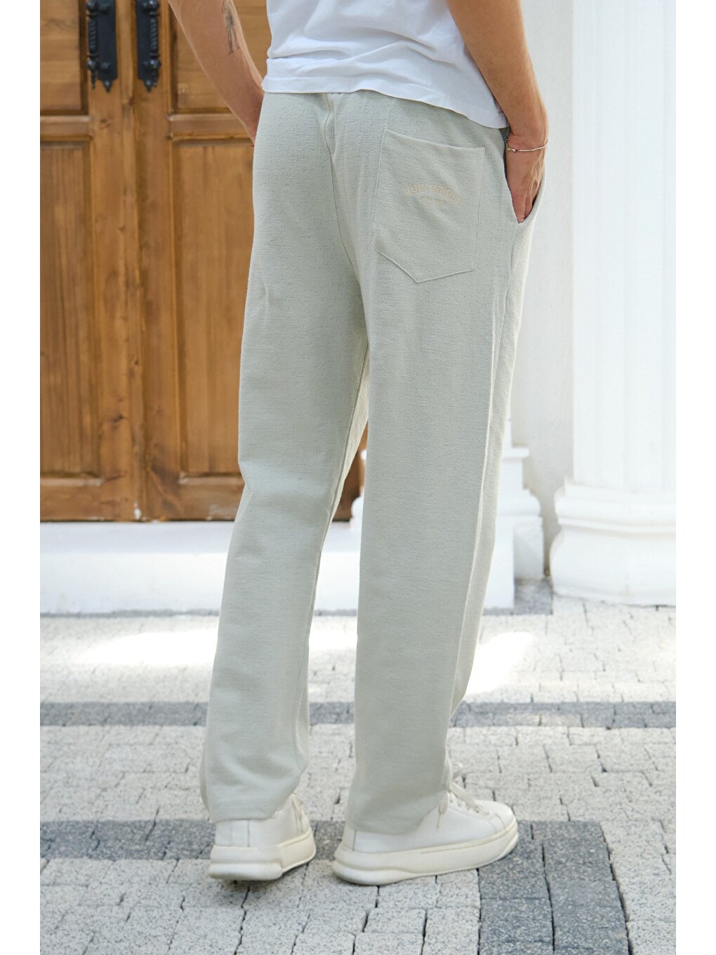 Bej Çağla Erkek Baggy Kalıp Eşofman Altı Bağcıklı Rahat Kesim Günlük Pantolon-6