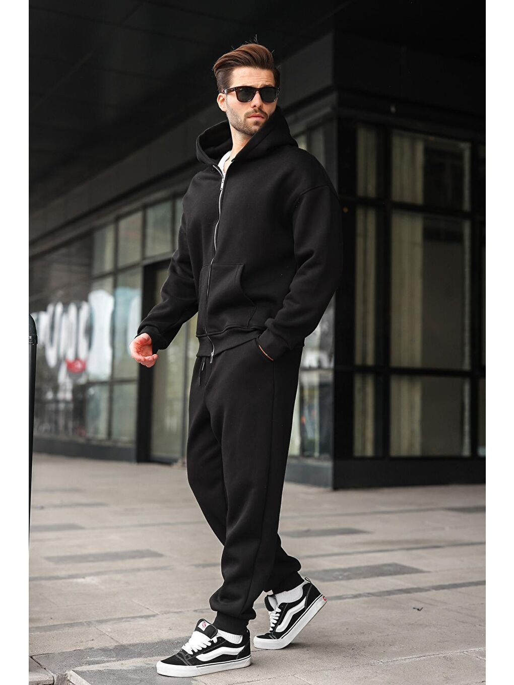 Siyah Çift Fermuarlı Kapüşonlu Eşofman Takımı E7345-1