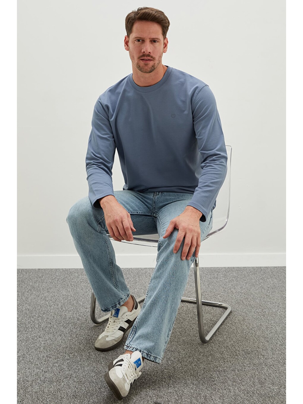 Mavi Baskılı Bisiklet Yaka Sweatshirt-1