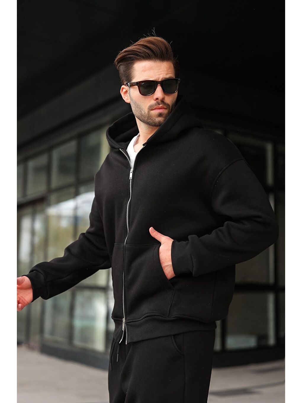 Siyah Çift Fermuarlı Kapüşonlu Eşofman Takımı E7345-3