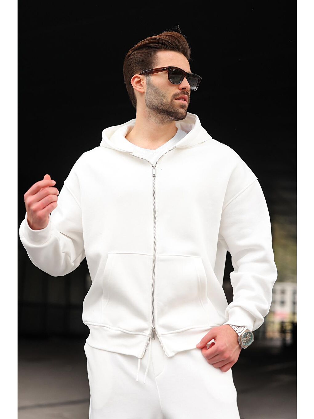 Ekru Çift Fermuarlı Kapüşonlu Eşofman Takımı E7345-1