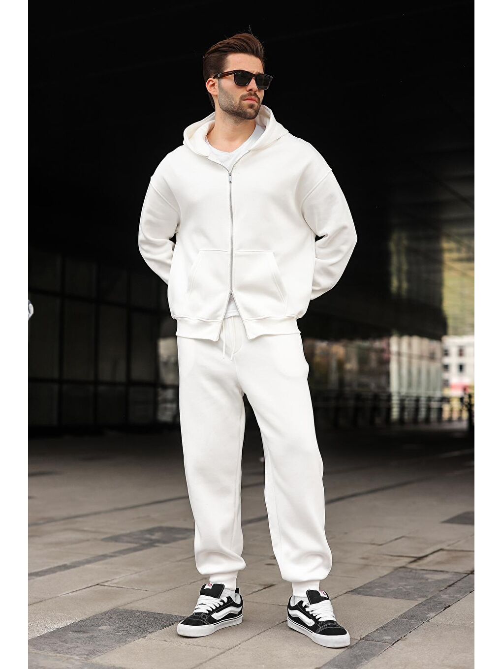 Ekru Çift Fermuarlı Kapüşonlu Eşofman Takımı E7345-3