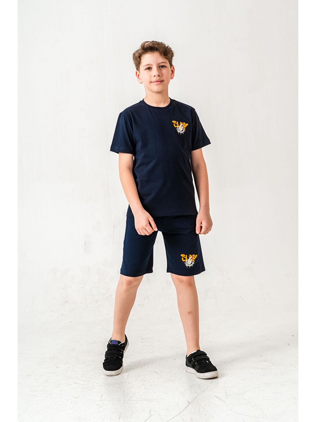 Lacivert Ust On Ve Arka Baskılı Erkek Çocuk Şort - Tişört Takımı