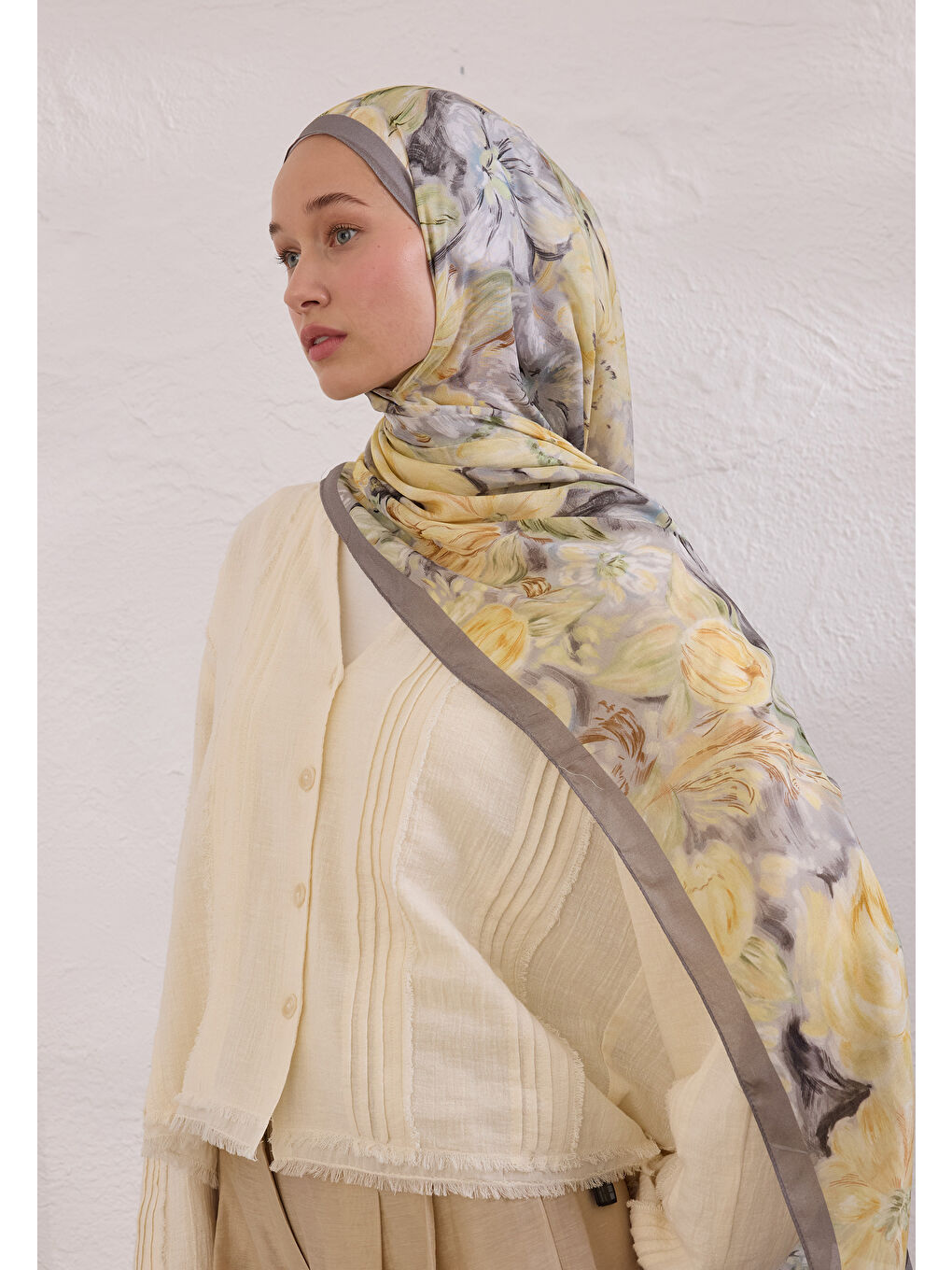 Gri Pure Flora Desen Rami Şal Füme-1