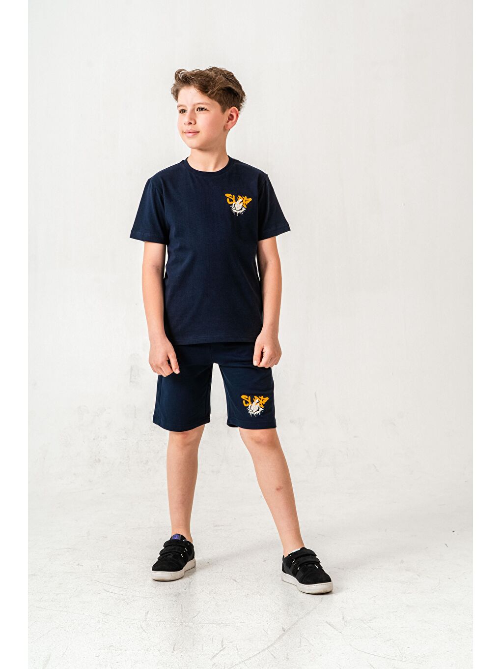 Lacivert Ust On Ve Arka Baskılı Erkek Çocuk Şort - Tişört Takımı-1