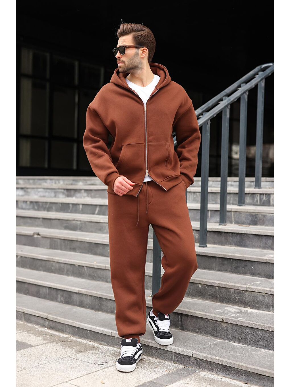 Acı Kahverengi Çift Fermuarlı Kapüşonlu Eşofman Takımı E7345