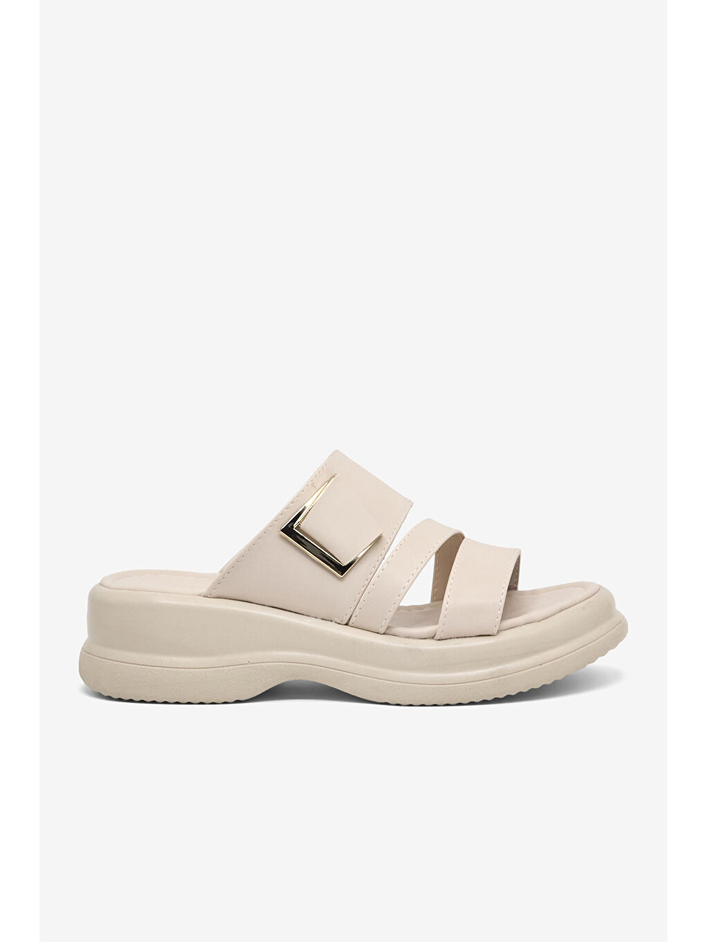 Kadın Bej Rahat Kalıp Tokalı Çift Bantlı Terlik-4