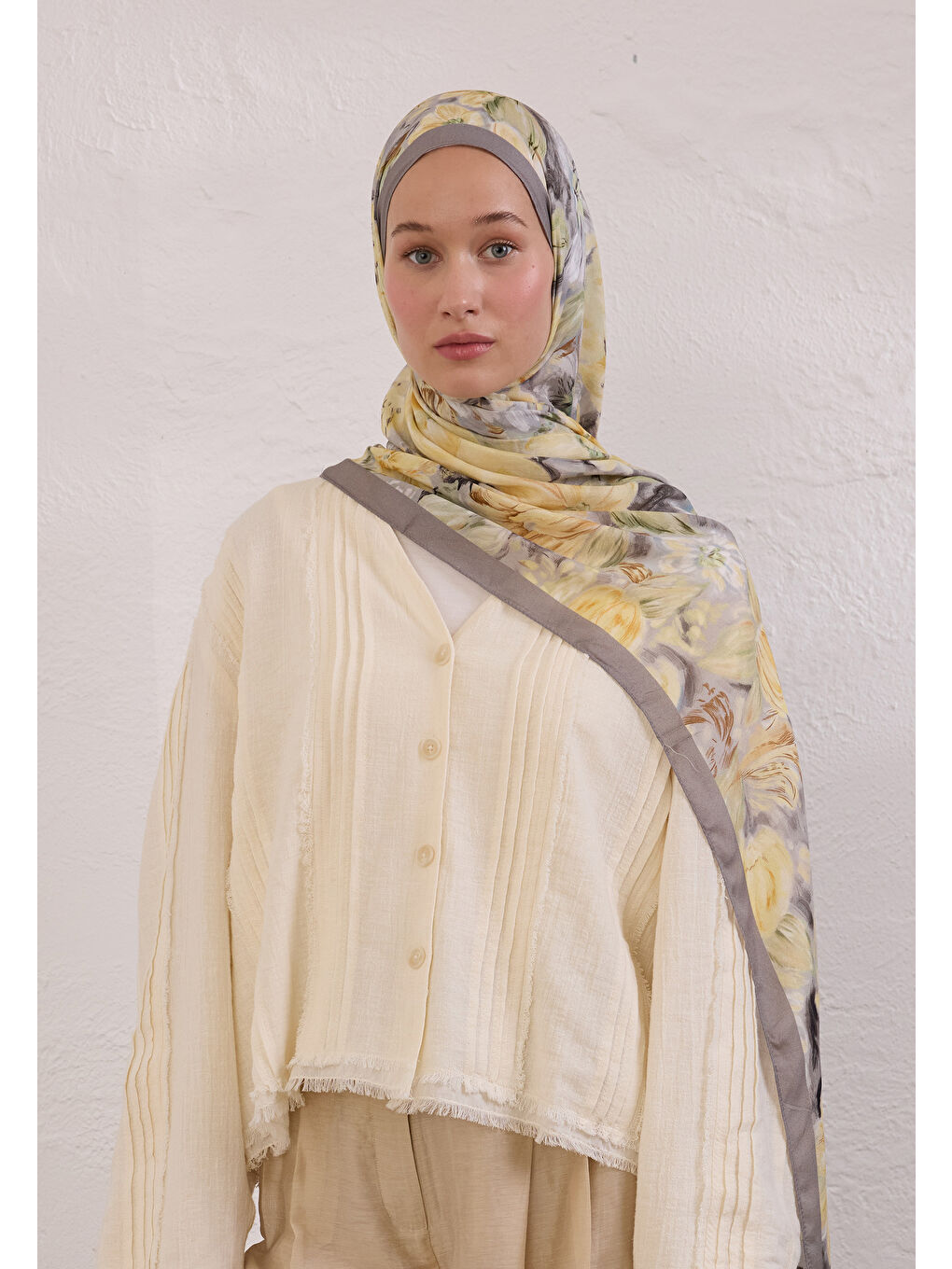 Gri Pure Flora Desen Rami Şal Füme-3