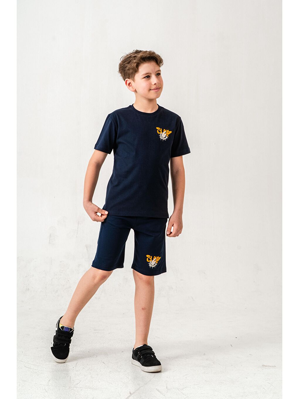 Lacivert Ust On Ve Arka Baskılı Erkek Çocuk Şort - Tişört Takımı-2