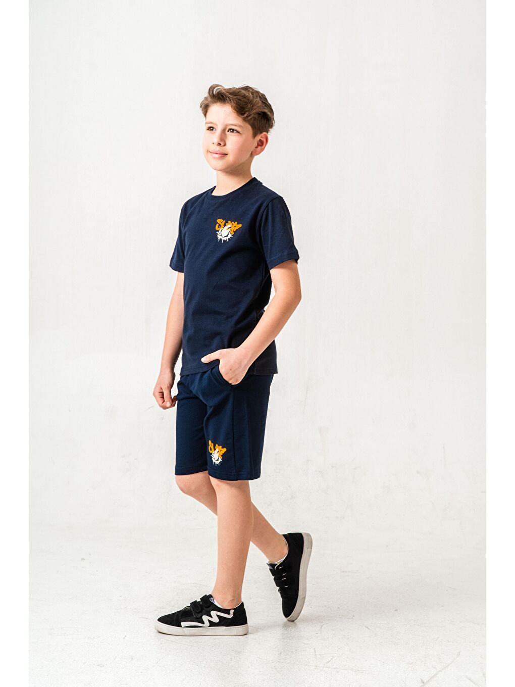 Lacivert Ust On Ve Arka Baskılı Erkek Çocuk Şort - Tişört Takımı-3