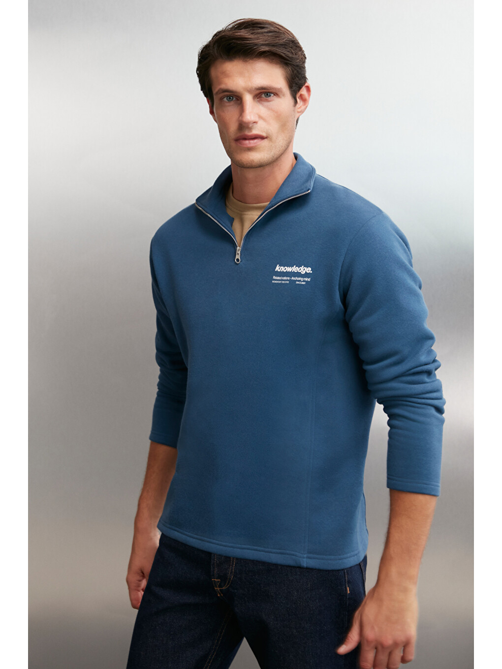 Halden Erkek İçi Polarlı Dik Yaka Yarım Fermuarlı Baskı Detaylı Regular Mavi Sweatshirt-2