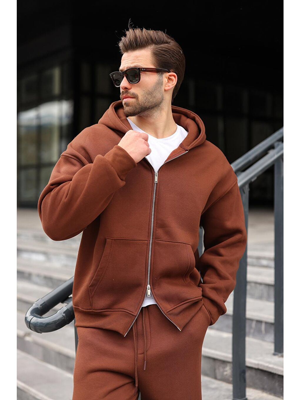 Acı Kahverengi Çift Fermuarlı Kapüşonlu Eşofman Takımı E7345-1