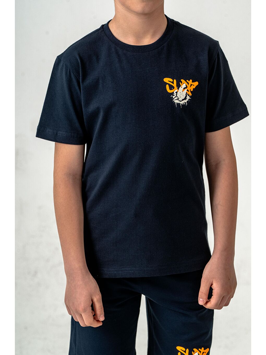 Lacivert Ust On Ve Arka Baskılı Erkek Çocuk Şort - Tişört Takımı-5