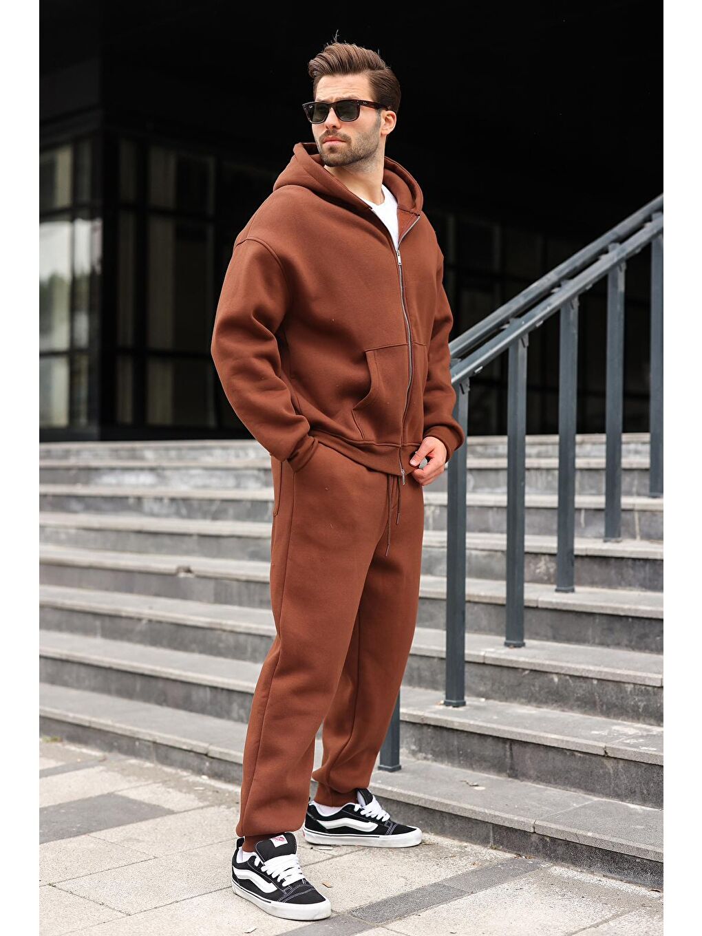 Acı Kahverengi Çift Fermuarlı Kapüşonlu Eşofman Takımı E7345-2