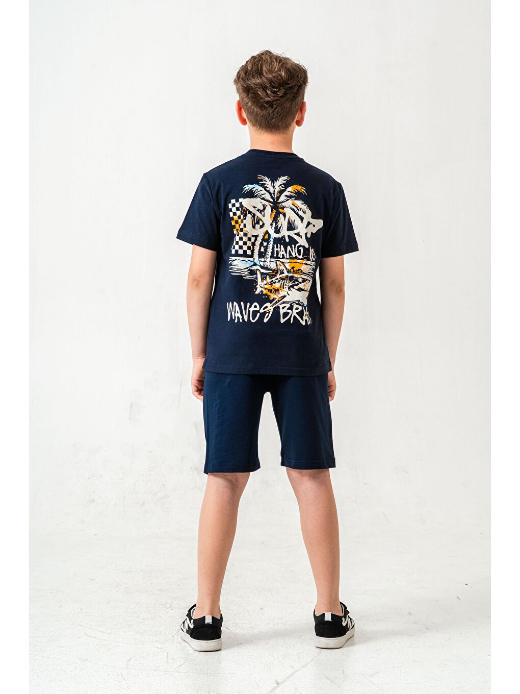 Lacivert Ust On Ve Arka Baskılı Erkek Çocuk Şort - Tişört Takımı-6