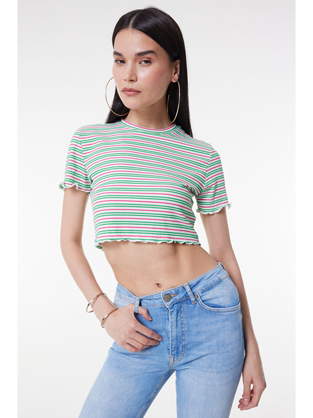 Karışık Slim Fit Dar Kesim Bisiklet Yaka Kısa Kollu Crop Renkli Esnek Tişört-1