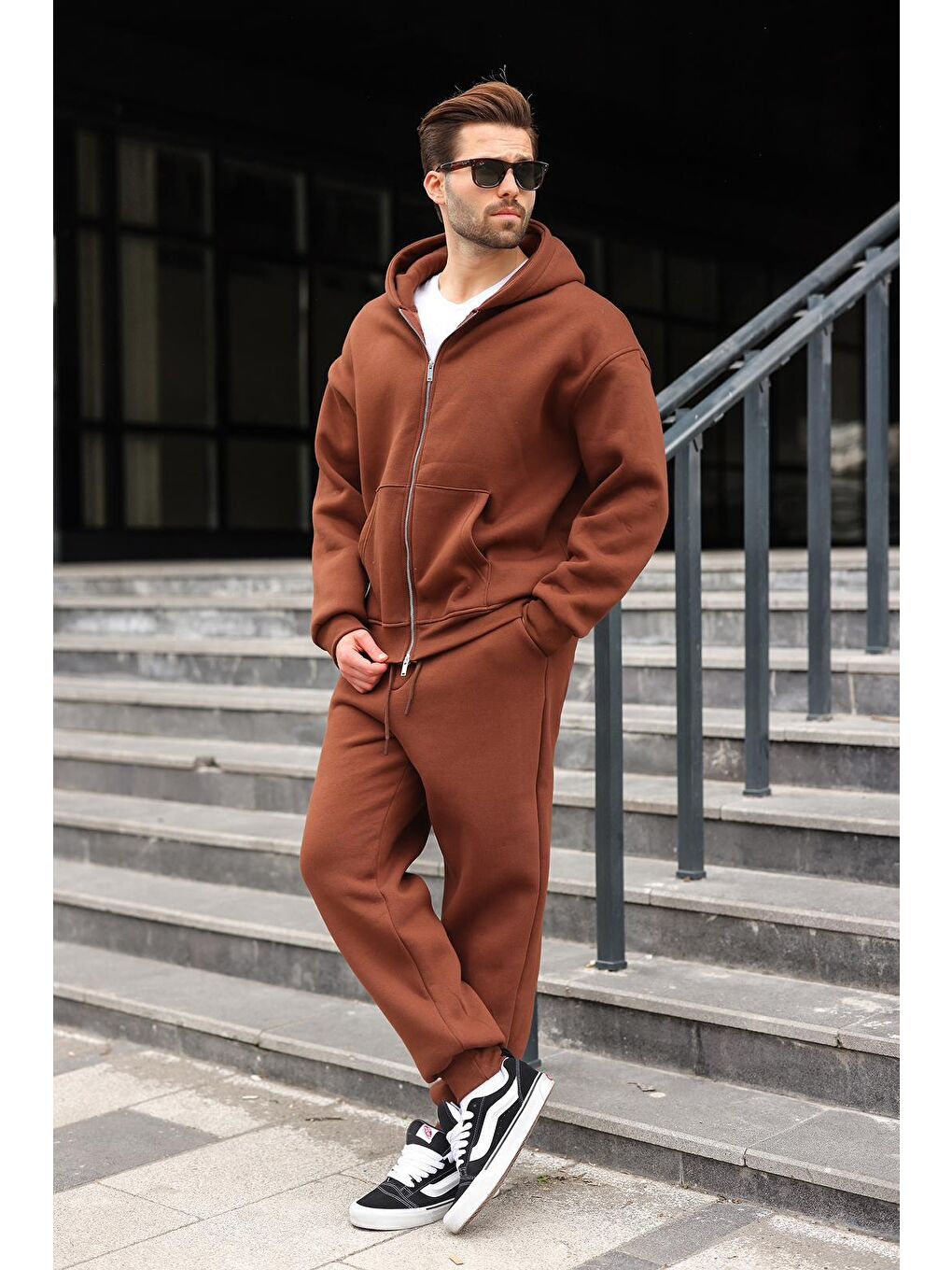 Acı Kahverengi Çift Fermuarlı Kapüşonlu Eşofman Takımı E7345-4
