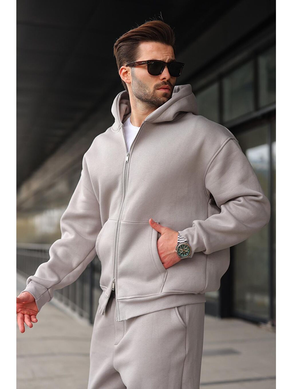 Boyalı Gri Çift Fermuarlı Kapüşonlu Eşofman Takımı E7345-1